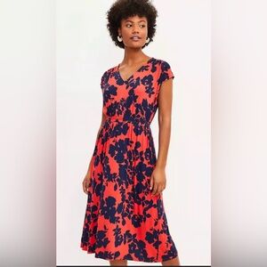 LOFT Red and Blue Floral Midi Dress